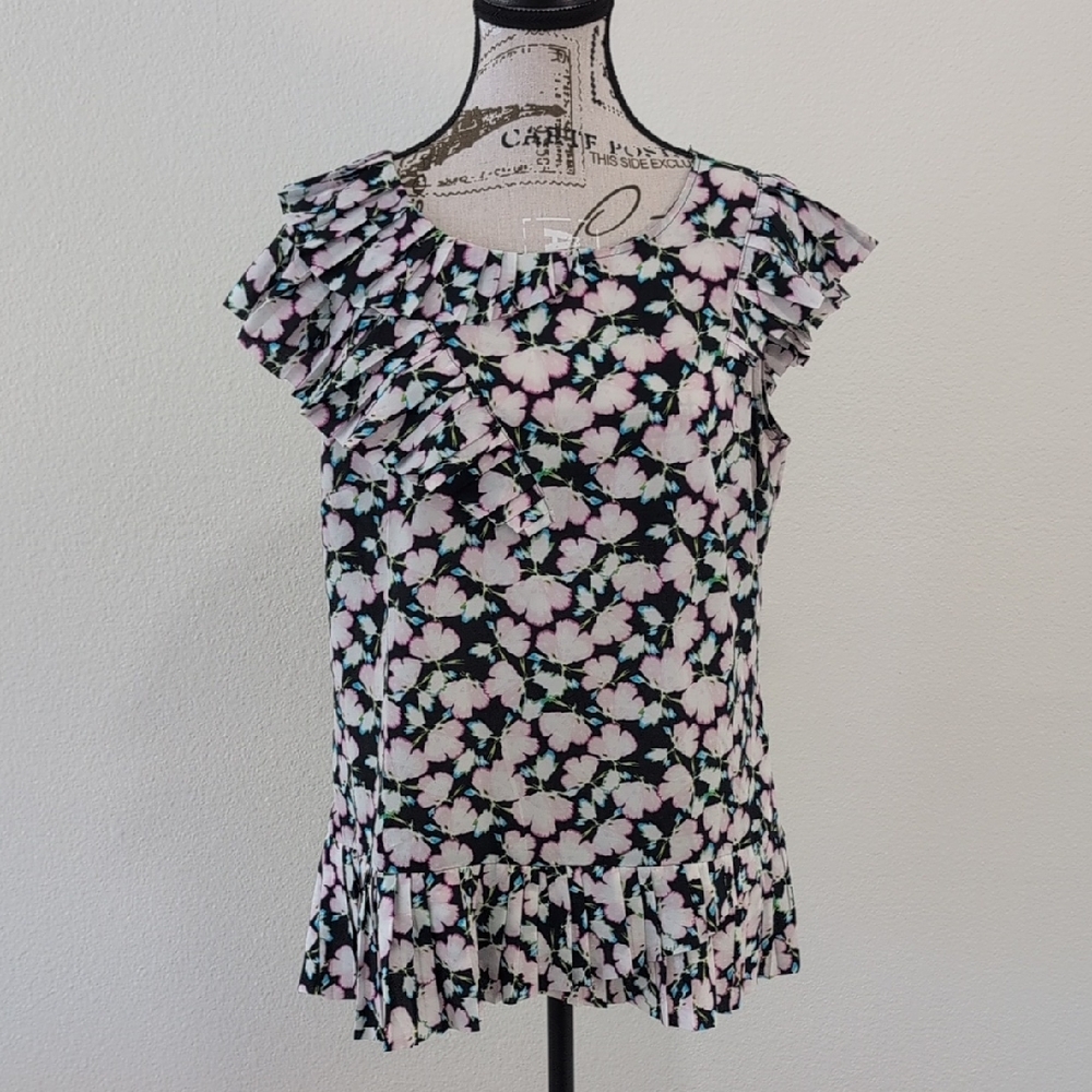 Banana Republic Black and Pink Floral Ruffle Blouse